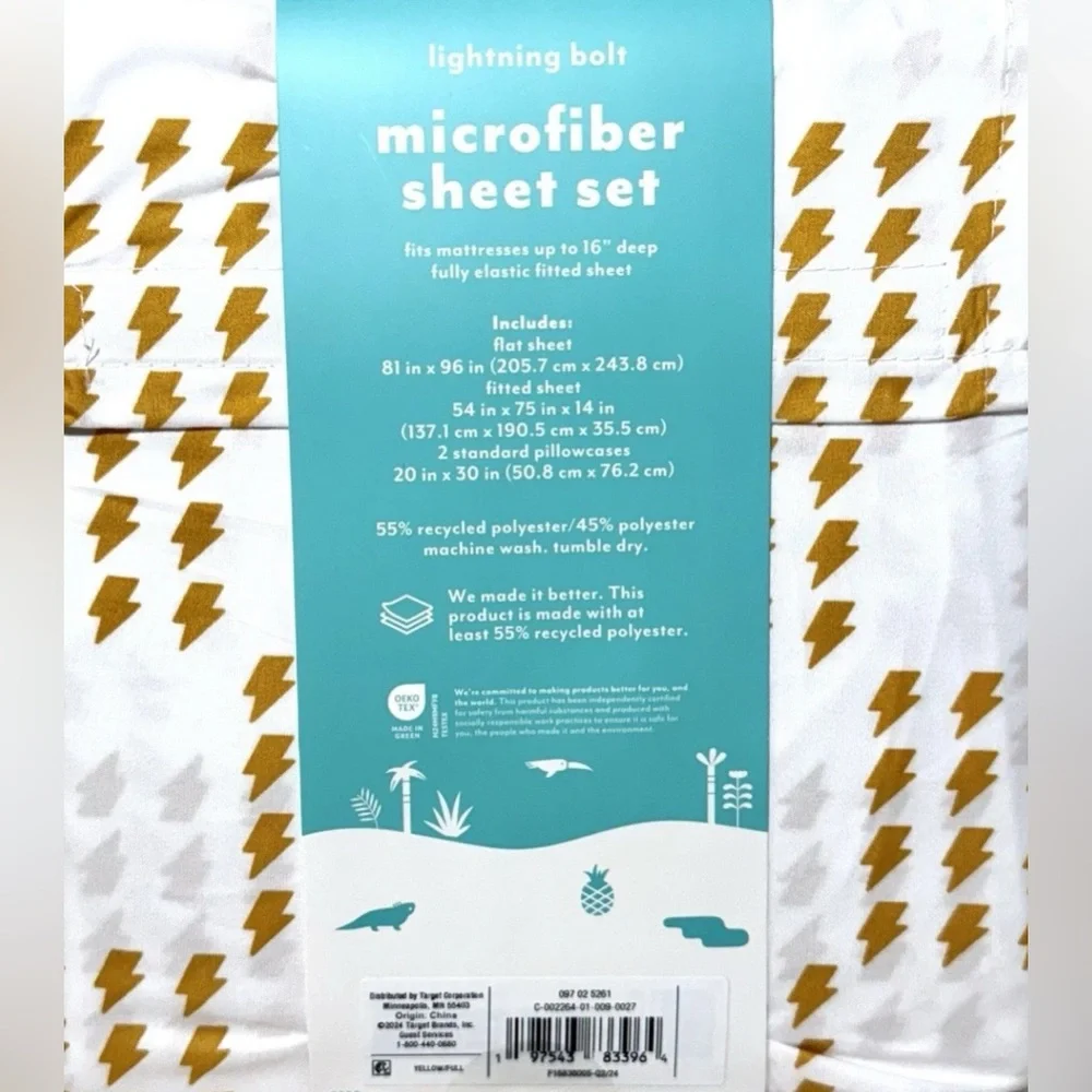 Pillowfort Microfiber Kids Full‎ Sheet Set Lightning Bolt White Yellow Gold Rock